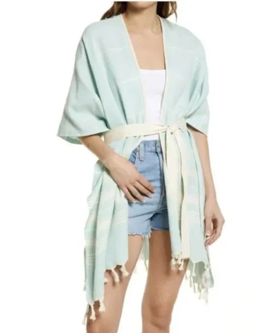 Sole Society Cover-Up Pastel Green ONE SIZE Poncho Shawl Fringe Boho Wrap Cotton